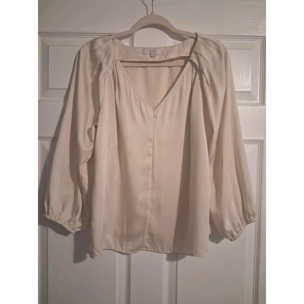 LOFT Womens Medium Beige V Neck Puff Sleeve Blouse Business Casual Formal Top - Picture 2 of 10